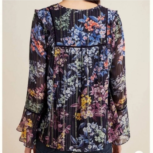 Anthro | Vineet Bahl Vivieene Metallic Blouse Floral Embroidered Bell Sleeve XS - Picture 2 of 14